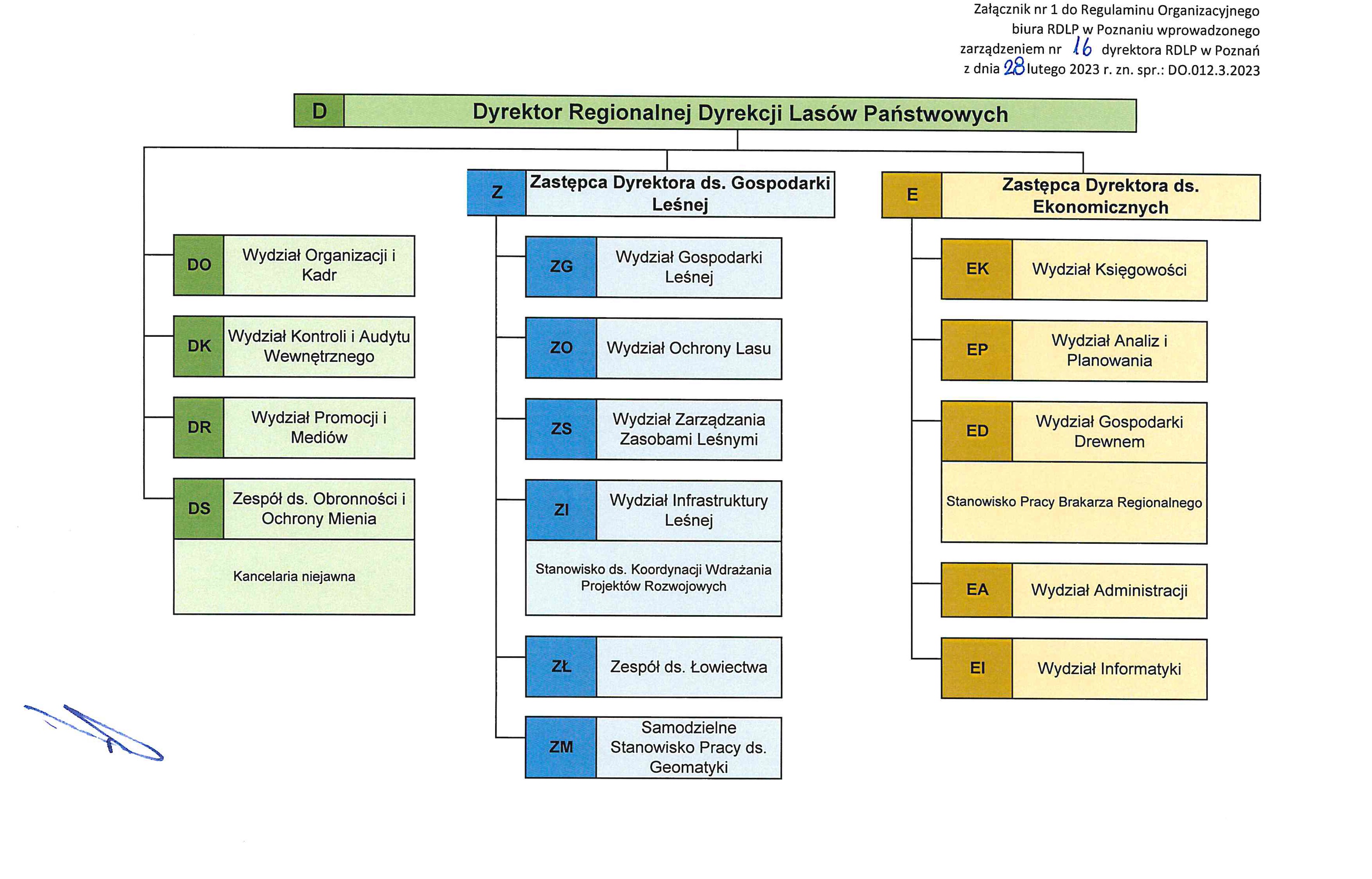 Grafika przedstawia schemat organizacyjny biura RDLP w Poznaniu zgodnie z Regulaminem Organizacyjnym.