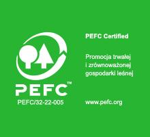 Grafika przedstawia logotyp certyfikatu PEFC dla promocji trwałej i zrównoważonej gospodarki leśnej. 