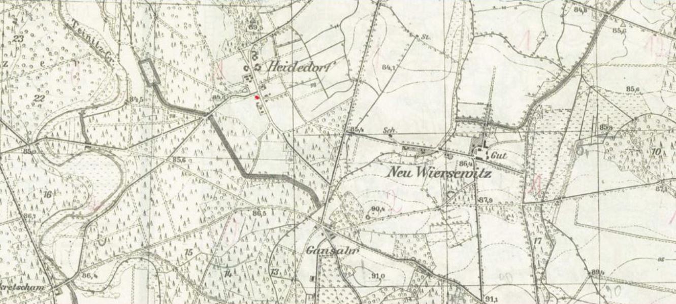 Na fotografii historyczna mapa z miejscowością Heidedorf. Archiwum Nadleśnictwa Góra Śląska
