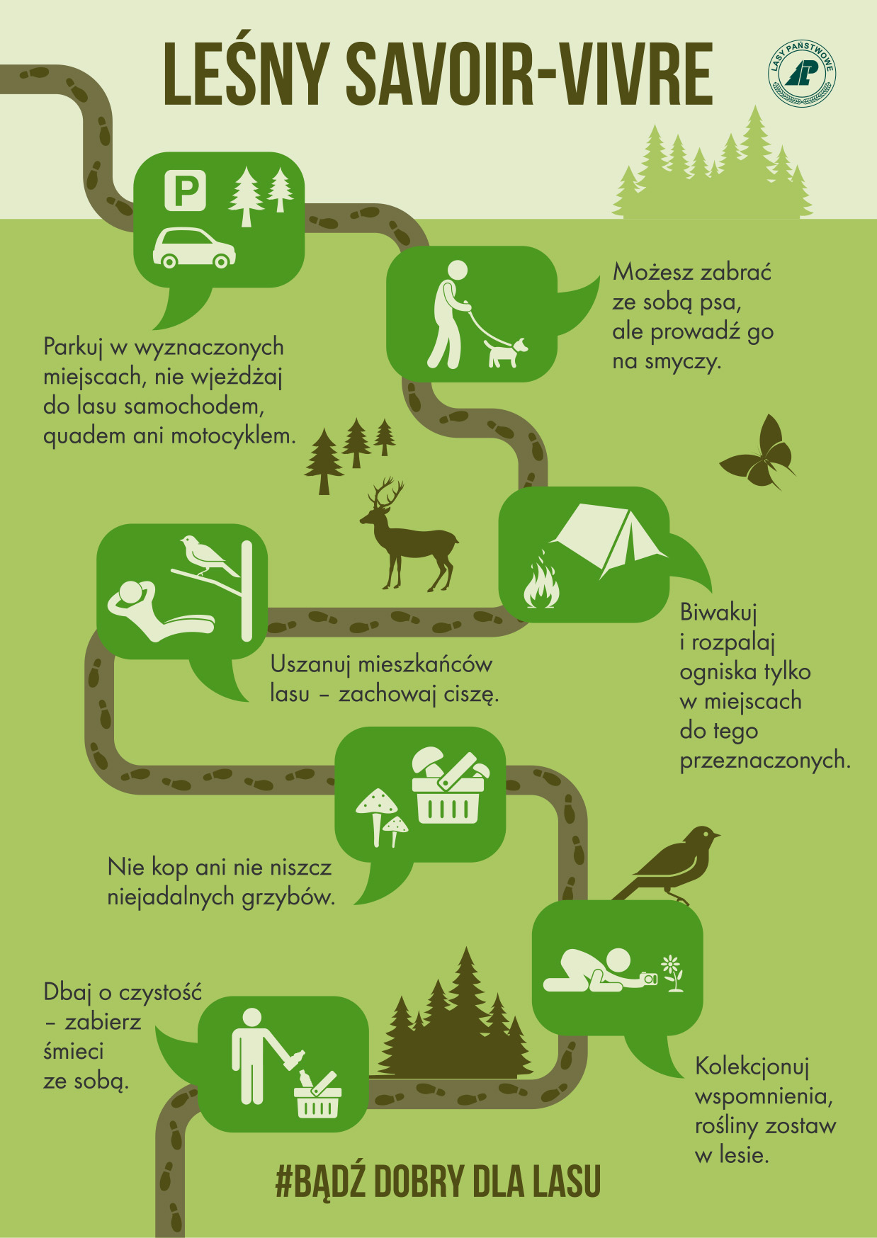 Infografika przedstawia zbiór zasad dobrego zachowania się w lesie. Źródło: CILP.