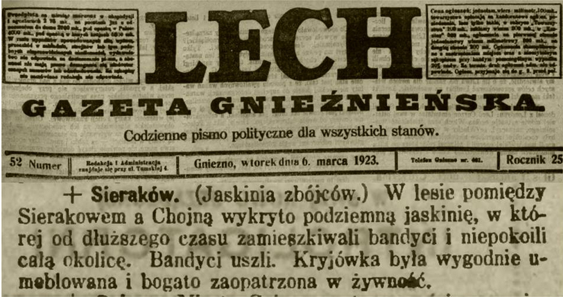 W czasie, kiedy sówka zjadała lasy, w puszczy grasowali zbóje. (Lech. Gazeta Gnieźnieńska 1923 rok)