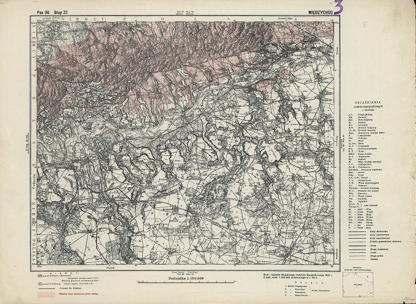 Mapa Puszczy Noteckiej 1927 rok. Kolorem rózowym oznaczono obszary leśne zniszczone przez sówkę (W.B.C.)