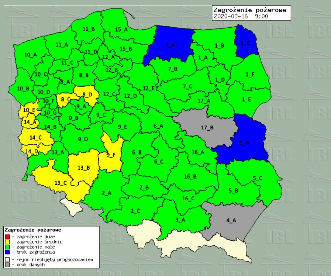 Mapa zagrożenia pożarowego. Źródło IBL.