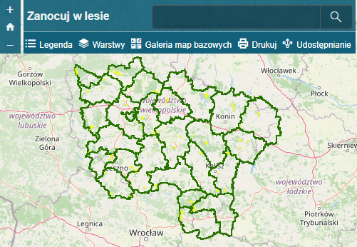 Wycinek mapy RDLP w Poznaniu z zaznaczonymi obszarami Programu "Zanocuj w lesie".