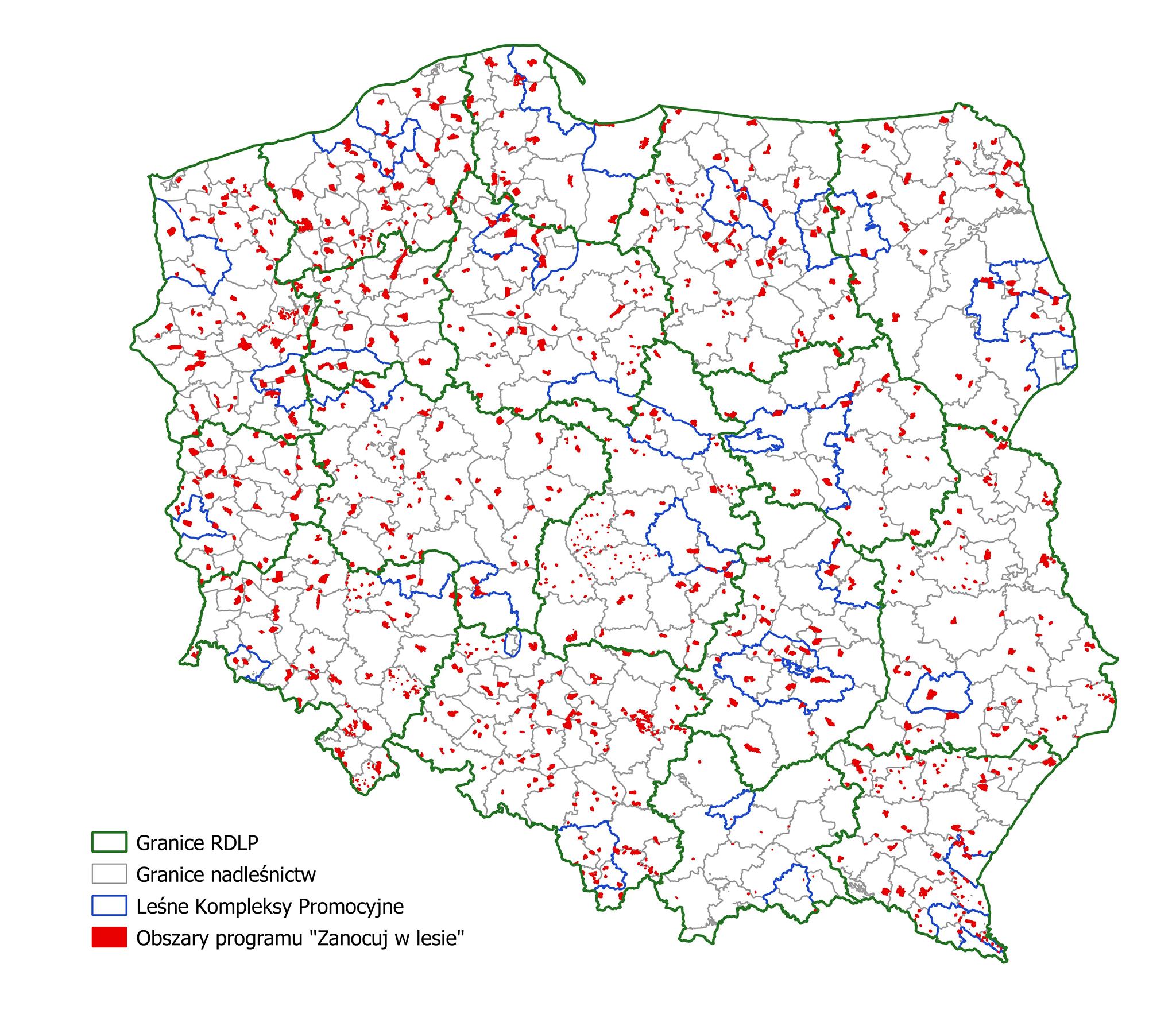 Mapa Polski z lokalizacją obszarów programu "Zanocuj w lesie". Źródło CILP.