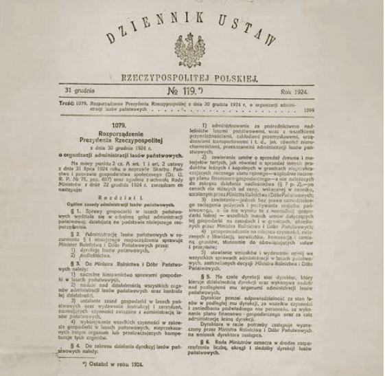Fragment ustawy z grudnia 1924 r. o organizacji administracji lasów państwowych. 