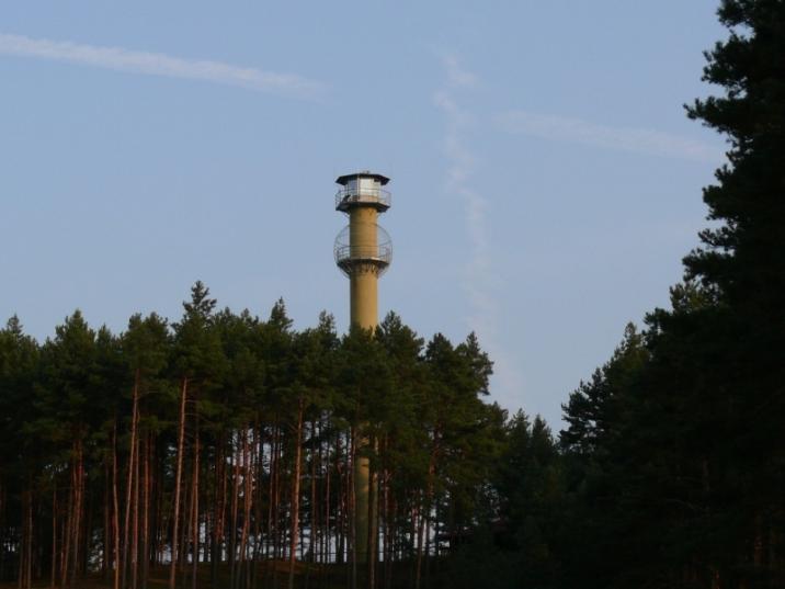 Fotografia przedstawia widok na dostrzegalnię przeciwpożarową w Nadleśnictwie Sieraków. Fot. archiwum Nadleśnictwa Sieraków.