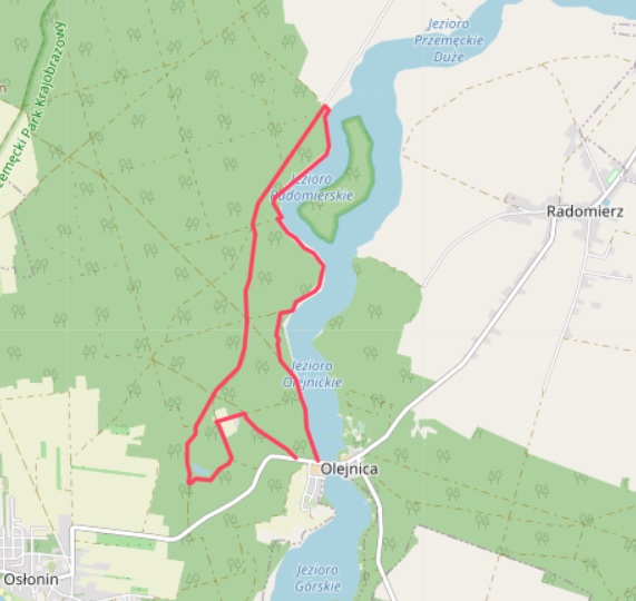 Mapka przedstawia przebieg trasy Ścieżki Olejnickiej. Źródło portal CzaswLas.