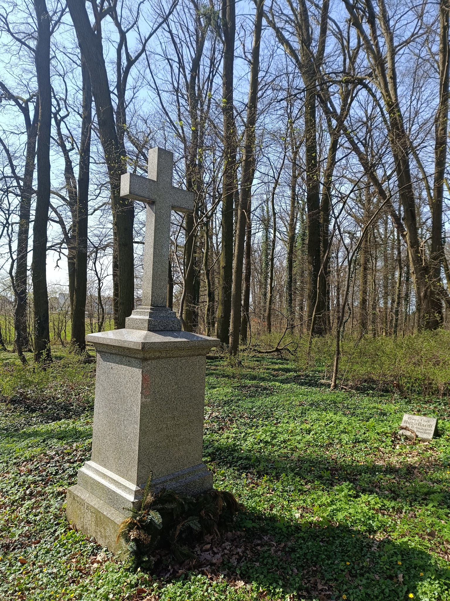 Zdjęcie przedstawa nagrobek zwieńczony krzyżem pośród drzew pozbawionych liści w parku przydworskim w Luboszu. Fot. Bogumiła Pluto-Prądzyńska