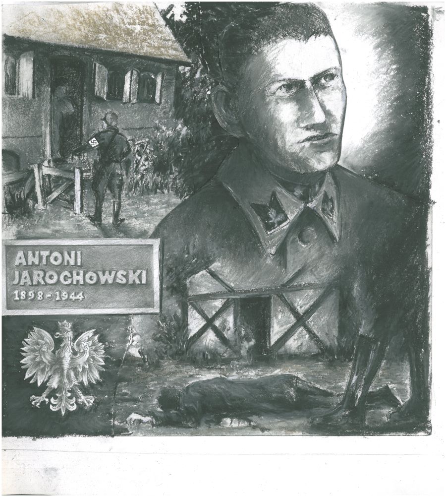 Rysunek przedstawia szkic twarzy Antoniego Jarochowskiego oraz scenę z chwili jego zabójstwa opatrzone sylwetką orła z polskiego godła. Autor Istvan Dabi.