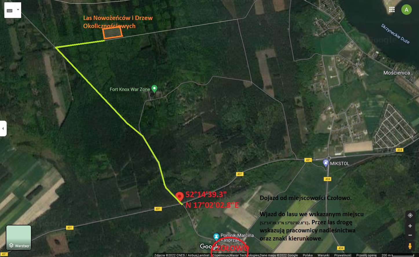 Zdjęcie przedstawia mapę dojazdu do Lasu Nowożeńców i Drzew Okolicznościowych