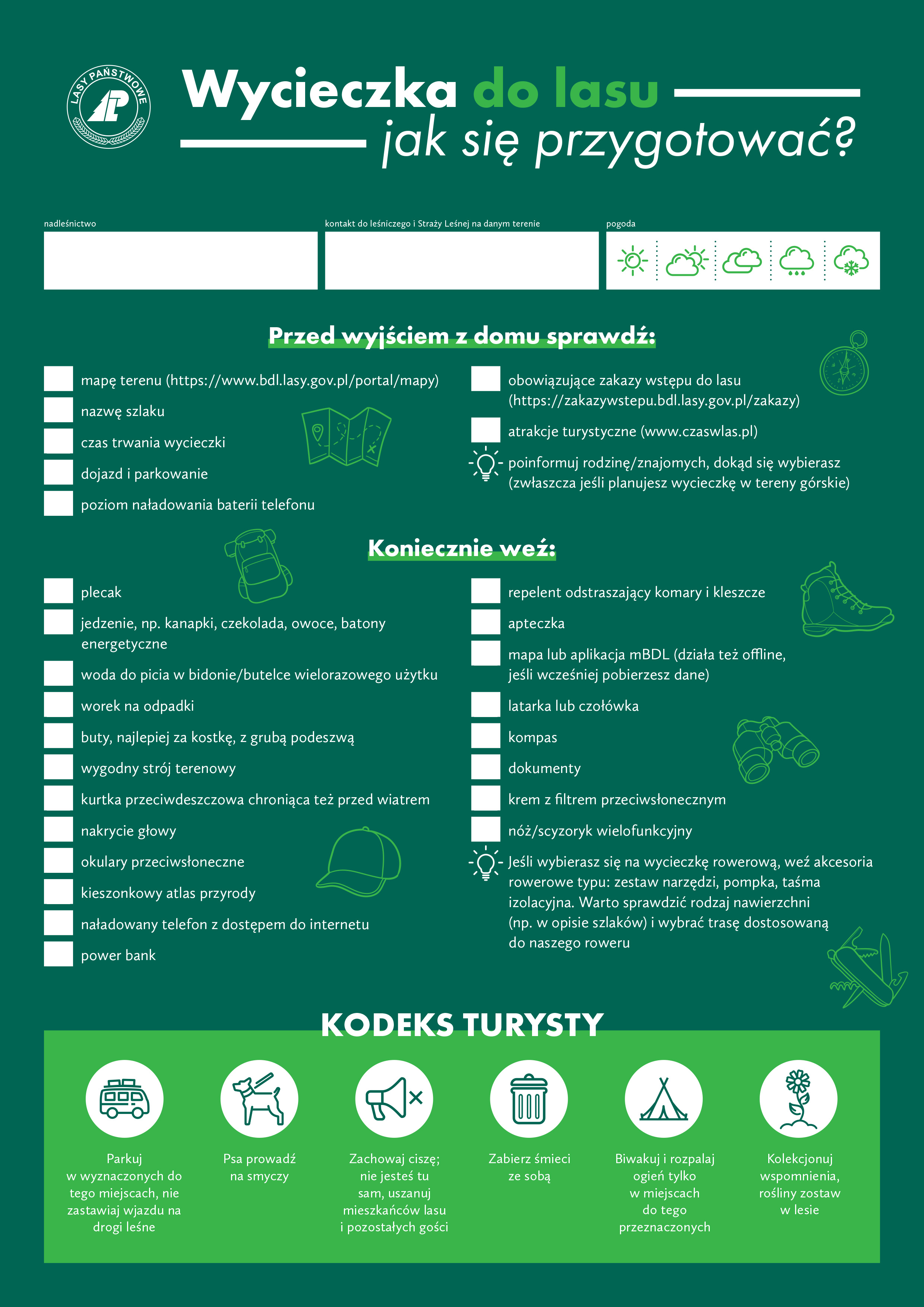 Infografika z punktami wyliczającymi rzeczy, które pomogą się przygotować na wycieczkę do lasu. Źródło: Lasy Państwowe