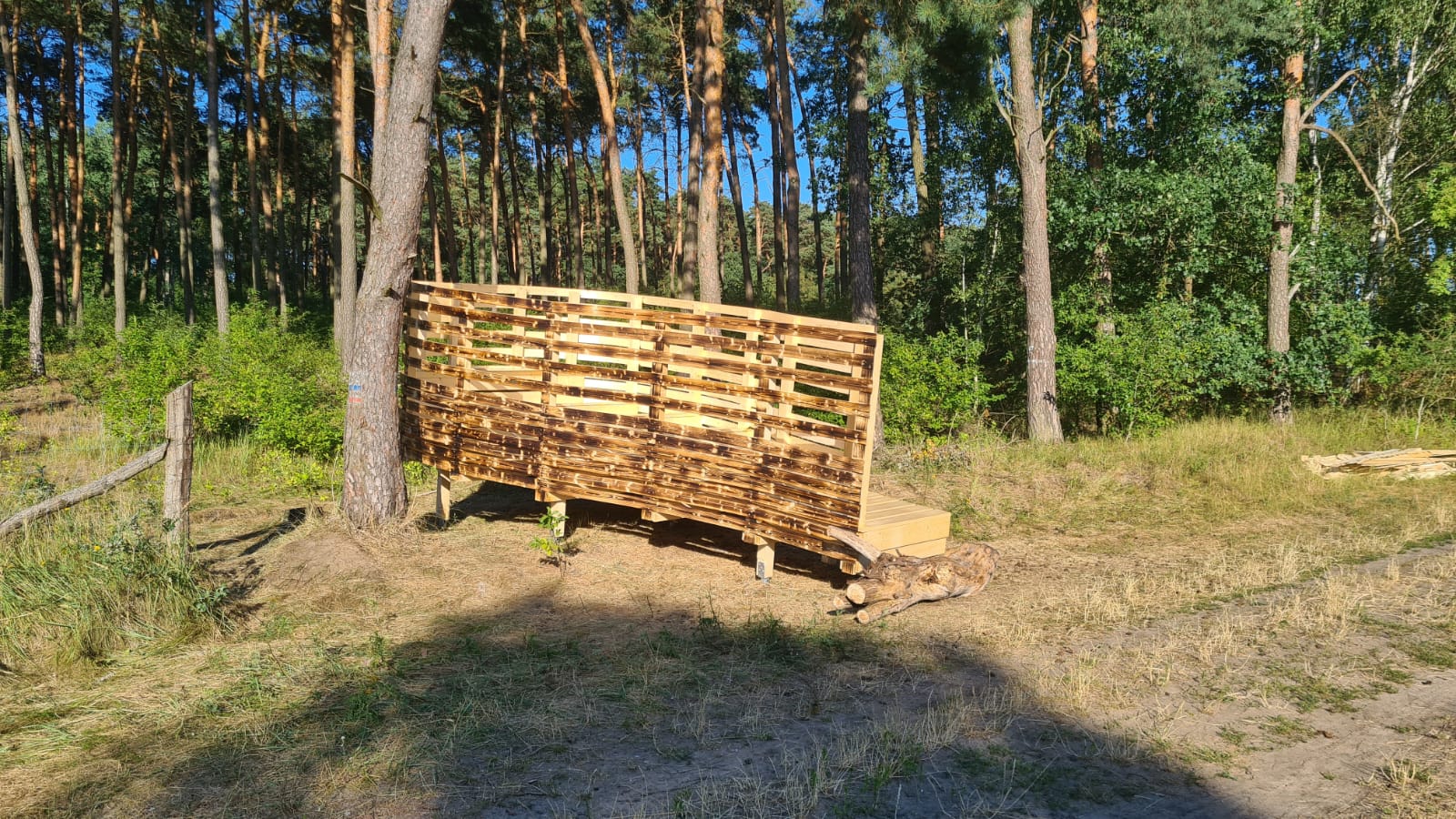 Zdjęcie przedstawia drewnianą instalację postawioną przy lesie. Fot. Archiwum RDLP Poznań