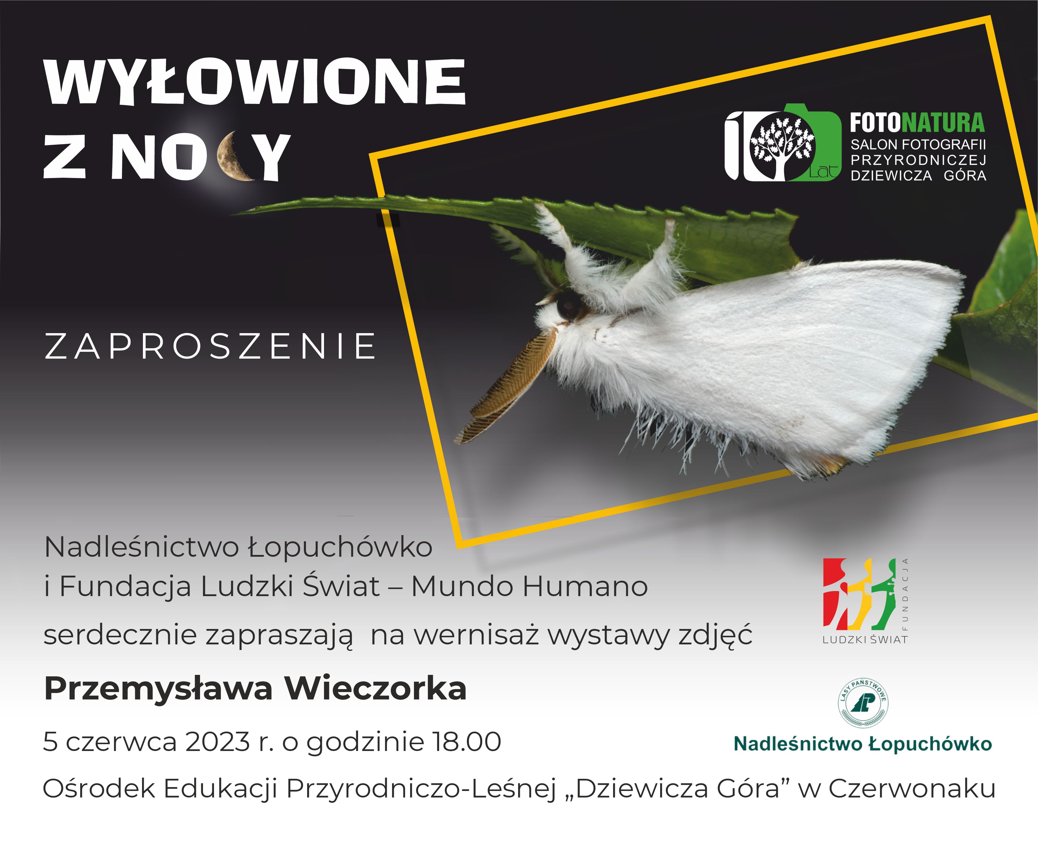 Grafika przedstawia zaproszenie na wernisaż wystawy "Wyłowione z nocy". Źródło: archiwum Nadleśnictwa Łopuchówko.