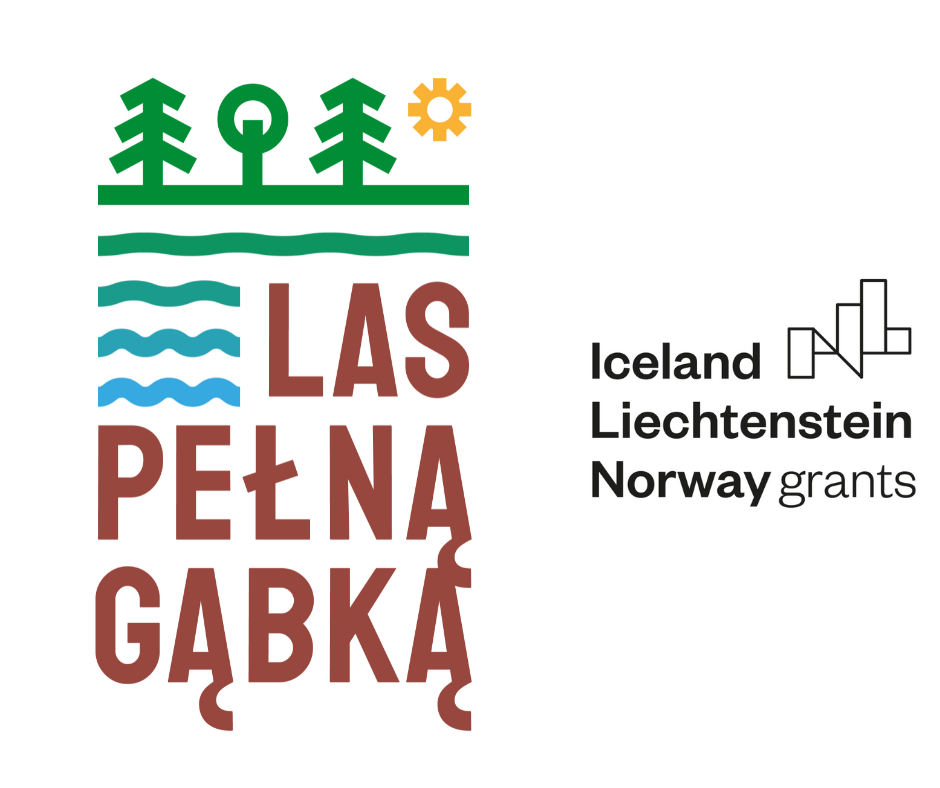 Grafika przedstawia logotyp kampanii Las Pełną Gąbką oraz Funduszy Norweskich i EOG. 