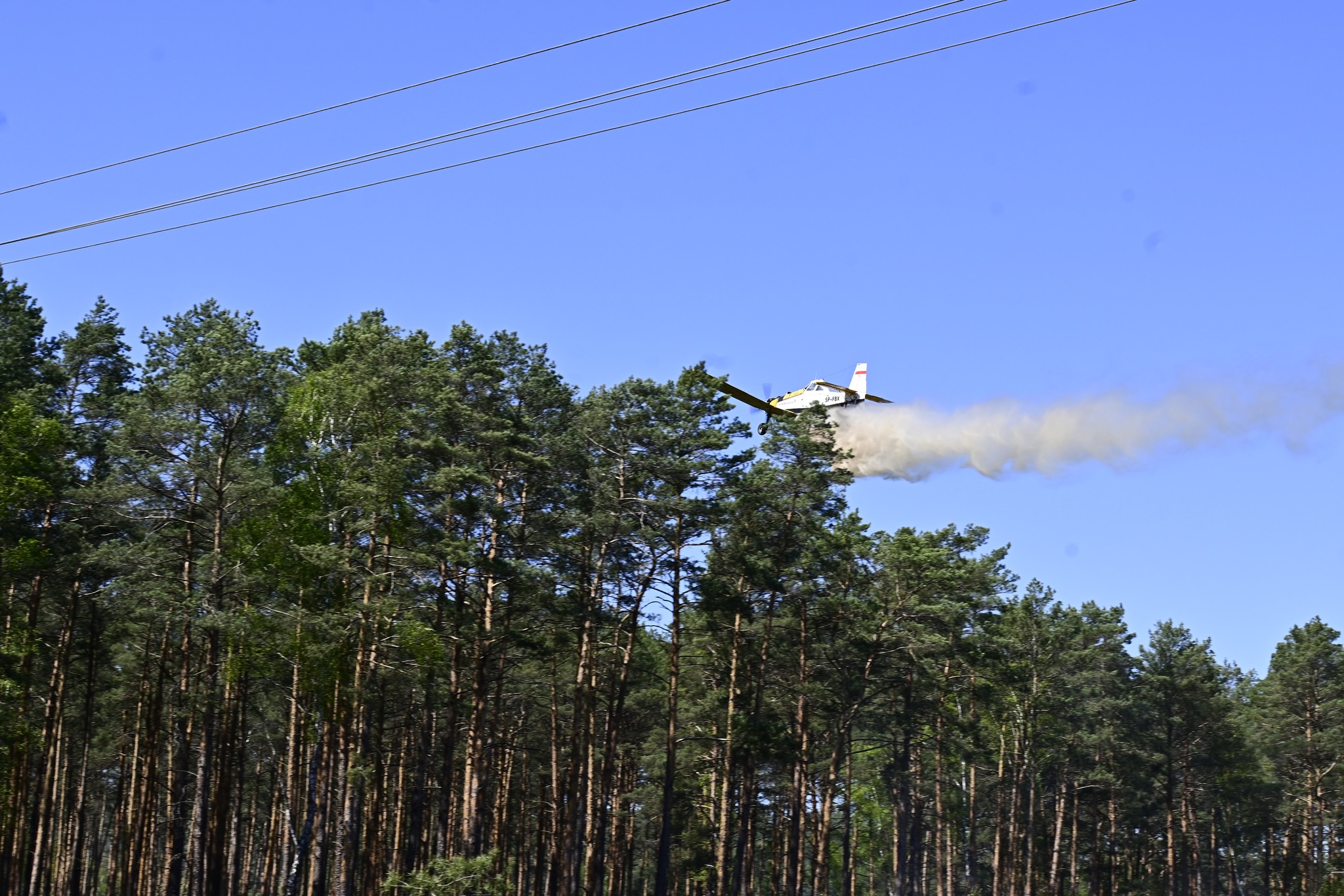 Zdjęcie przedstawia zrzut wody nad lasem, dokonywany przez samolot gaśniczy M-18 Dromader.