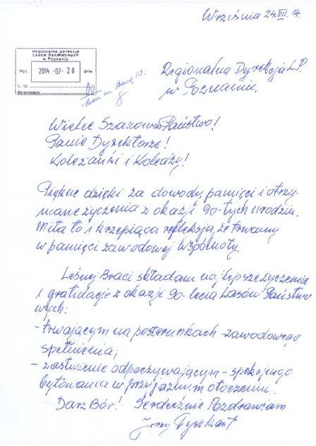 Skan listu z podziękowaniem od pana Jerzego Dyszkanta za życzenia urodzinowe w 2014 r. Fot. Archiwum RDLP w Poznaniu