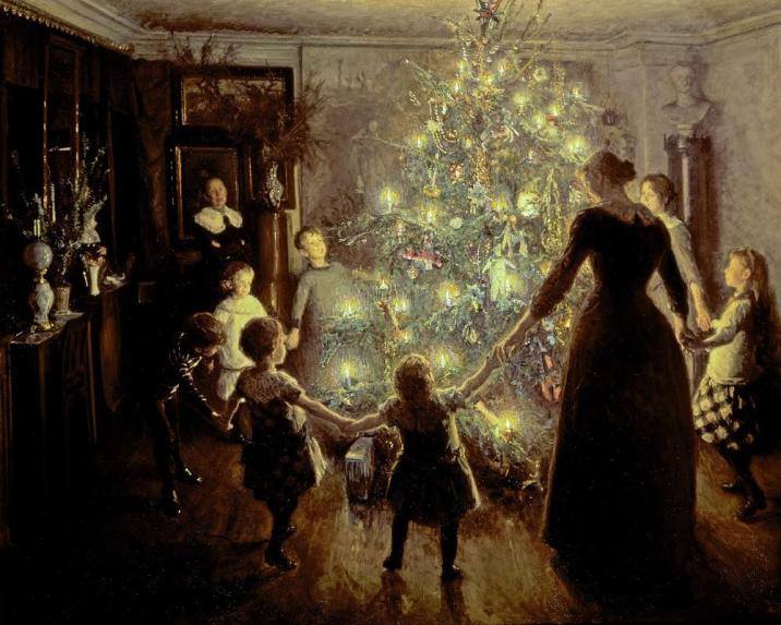Grafika przedstawia obraz "Merry Christmas" (1881r.) autorstwa Viggo Johansena.