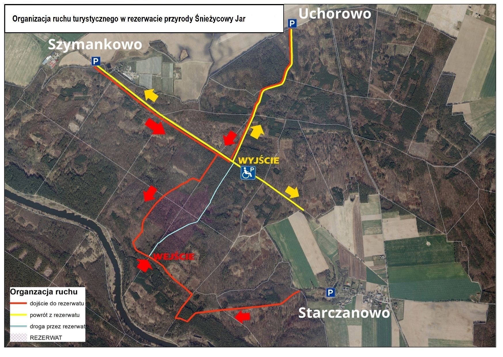 Zdjęcie przedstawia schemat organizacji ruchu turystycznego w rezerwacie przyrody Śnieżycowy Jar w 2026 r.